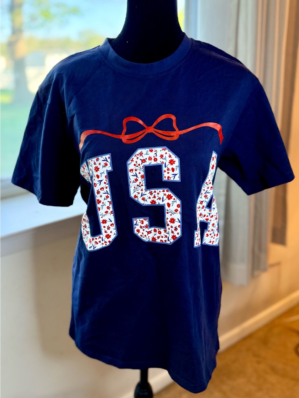 Kirkland’s Cottagecore patriotic USA floral bow preppy T shirt 4th of July med